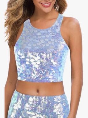 Iridescent Sequin Crop Tank Top - Light Blue